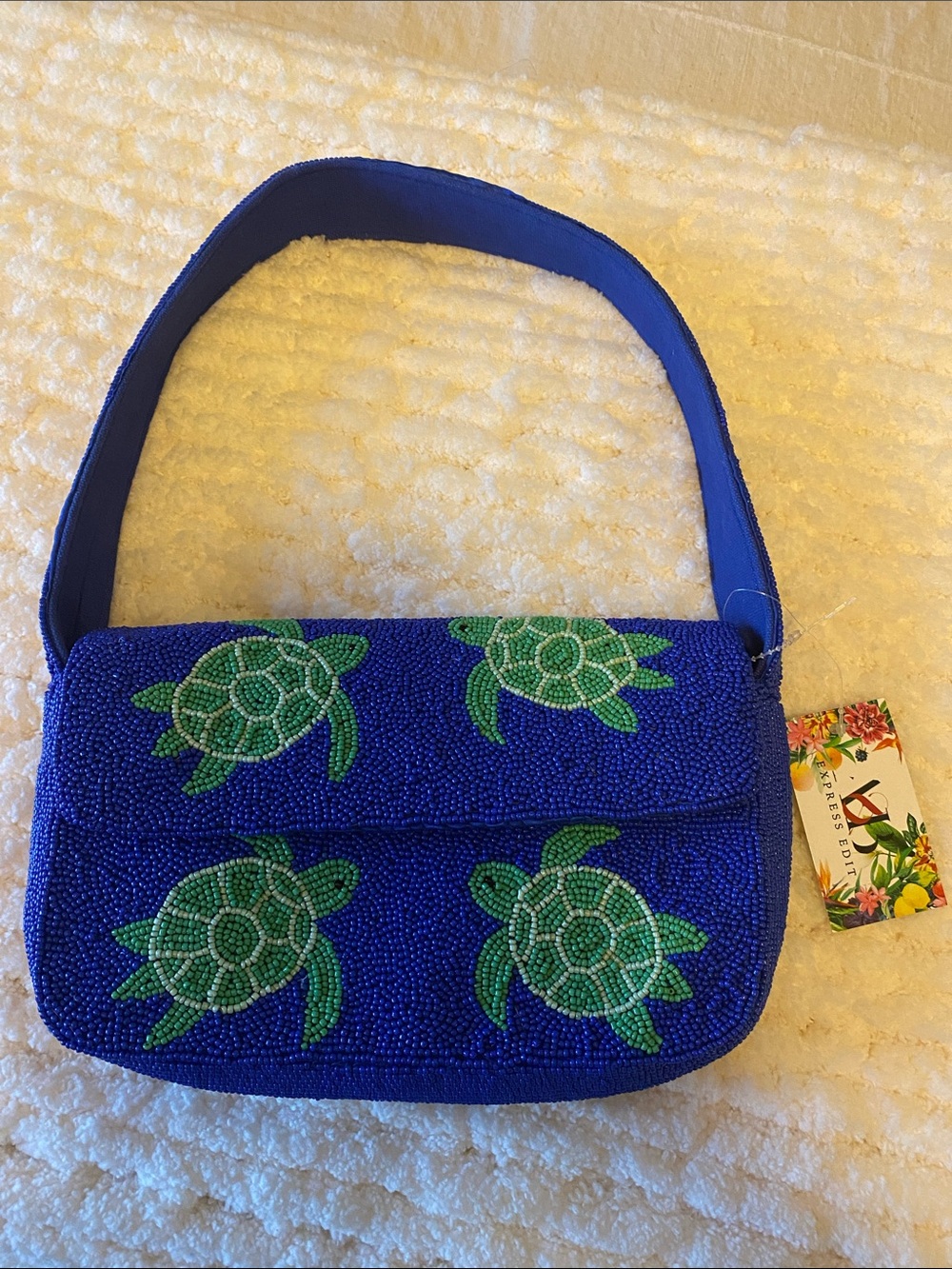 American & Beyond Blue Beaded Bag with Green Turtles